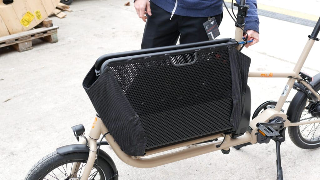 Folded cargo basket on the Muli Cycles Muli Motor st ebike