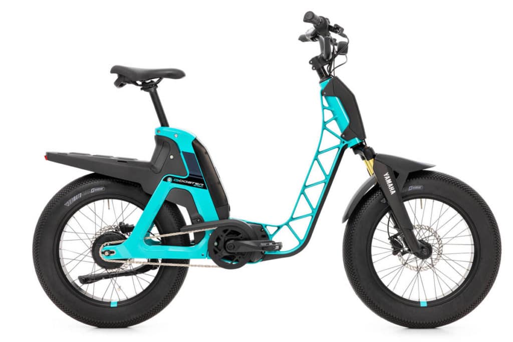 Side view of the Yamaha Booster Easy ebike in the colour Cyan Solid Aqua